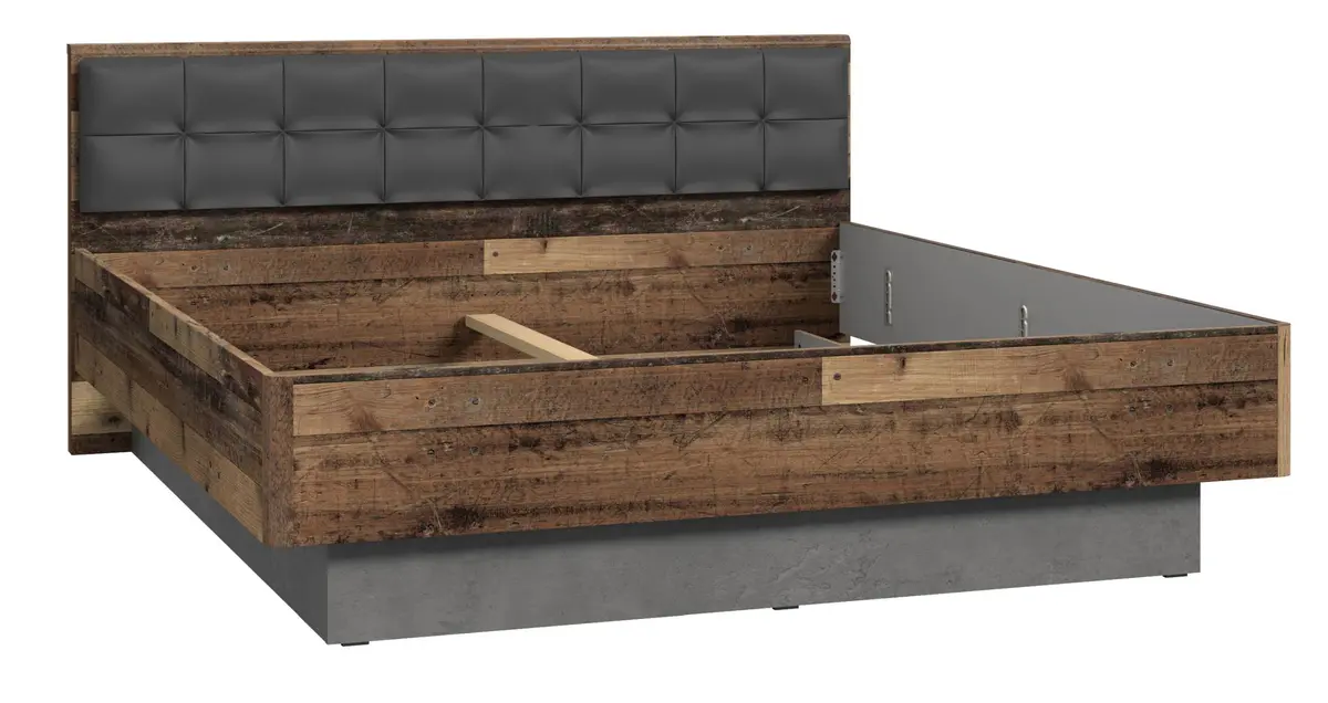 Bettgestell FEA - gepolstertes Kopfteil, Liegefläche ca. 180x200 cm, Old Wood Vintage Dekor, Betonoptik Dunkelgrau