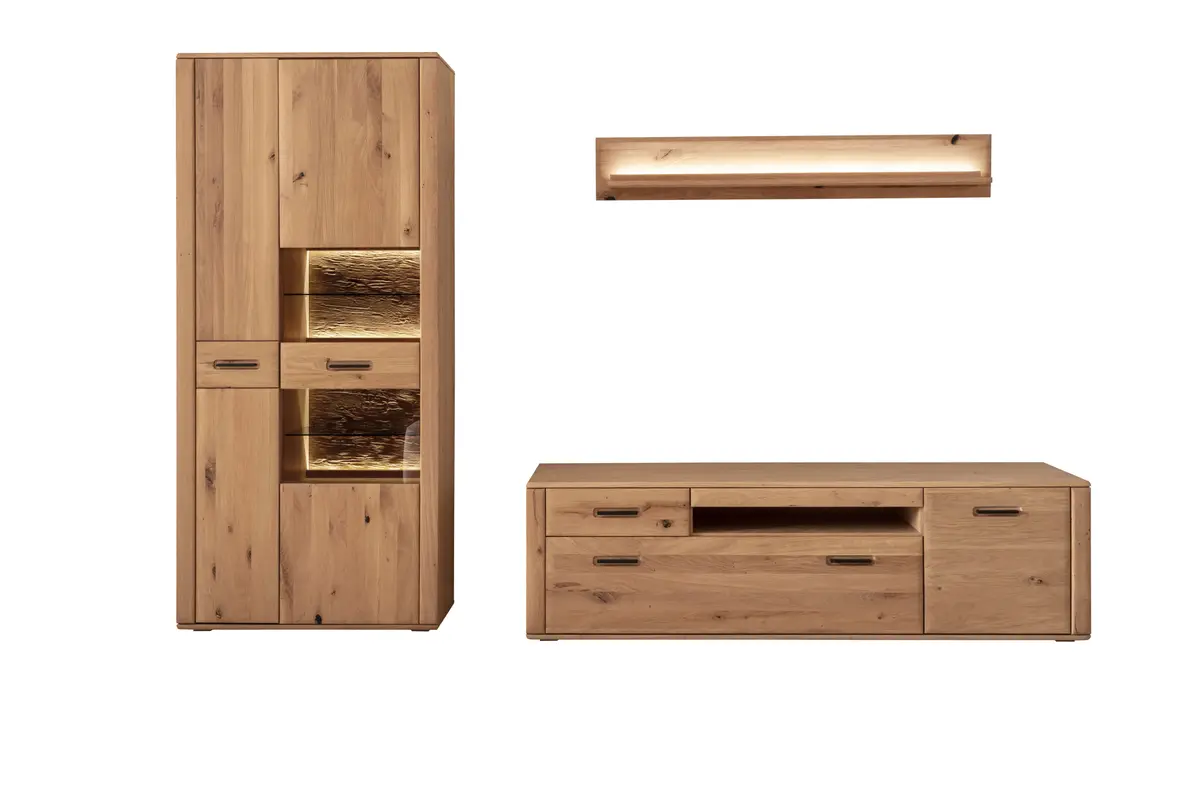 Wohnwand mit Beleuchtung - Balkeneiche, massiv