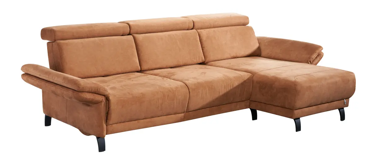 Ecksofa - 2-Sitzer mit Longchair rechts, Sitztiefe verstellbar, Stoff, Tabakbraun