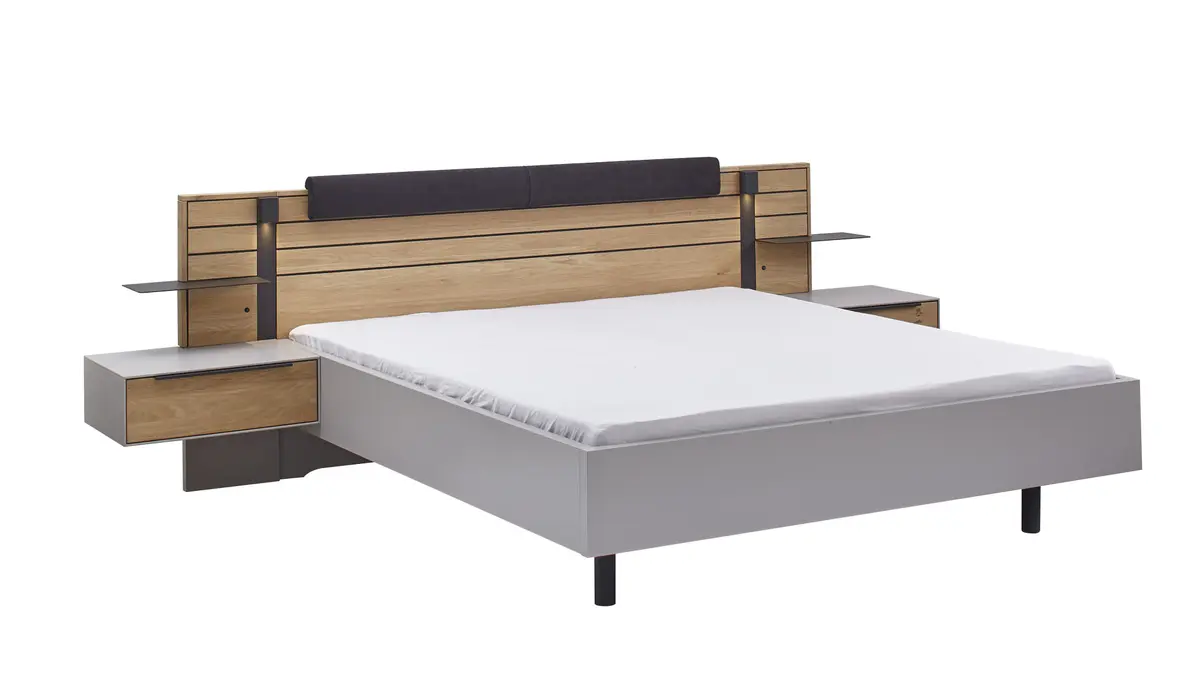 Bett Scottsdale - inkl. Polsteraufsatz, Konsole links/rechts, Paneelaufsatz links/rechts mit Beleuchtung, Liegefläche ca. 180x200 cm, Wildeiche massiv, Lack samtgrau