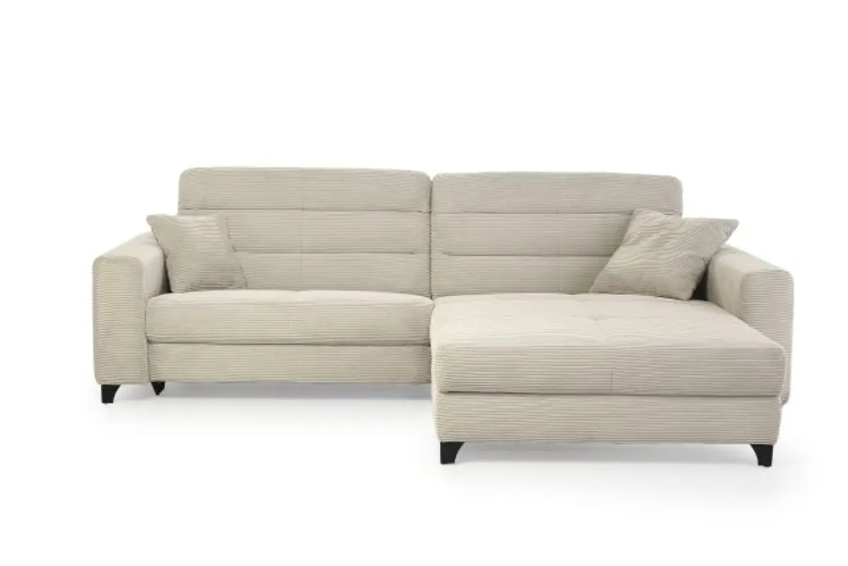Ecksofa JAROM - 3-Sitzer, Ecke rechts inkl. Relaxfunktion (motorisch) und Kopfteil verstellbar, Stoff, Creme