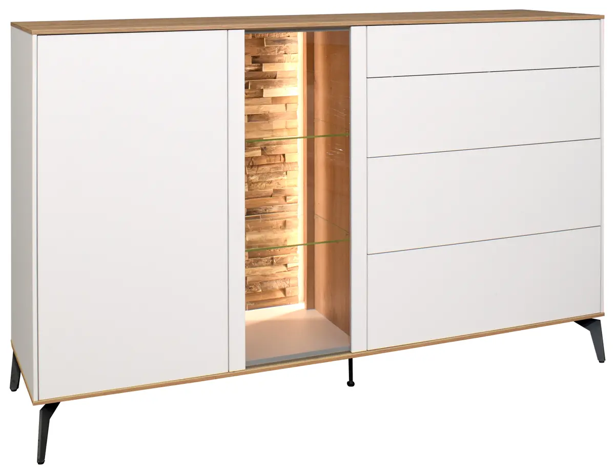 Sideboard - mit Beleuchtung, B ca. 169 cm, Weiß, Asteiche, Schwarz