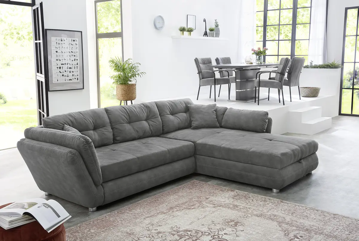 Ecksofa - 2-Sitzer, Ecke rechts inkl. Schlaffunktion und Bettkasten, Stoff, Grau