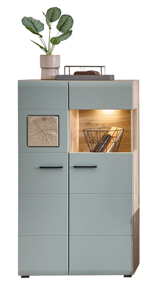 Vitrine - B ca. 80 cm, mit Beleuchtung, Schilfgrün, Viking Eiche Nachbildung