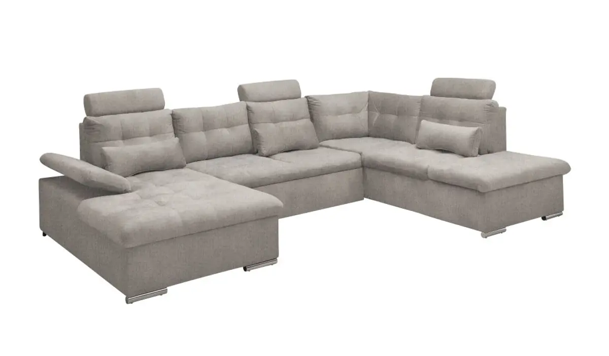 Wohnlandschaft-  Recamiere links, 2-Sitzer, Ottomane rechts, Schlaffunktion, Bettkasten,  Armteilverstellung,Flachgewebe, Taupe