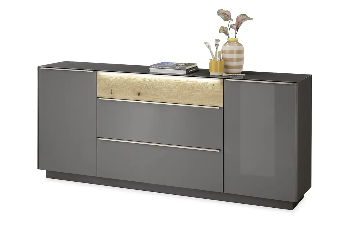Sideboard - mit Beleuchtung, B ca. 214 cm, Anthrazit, Eiche massiv
