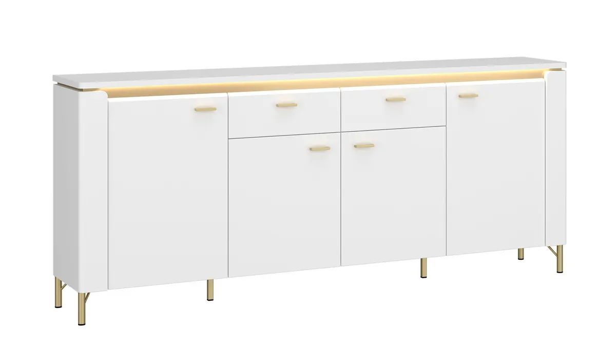 Sideboard - mit Beleuchtung, Alpinweiß, Goldfarben, Weiß Hochglanz