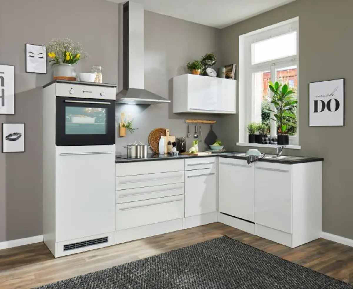 Küchenblock Eck- Inkl. E-Geräte, B ca. 260 cm, Weiß Matt, Weiß Hochglanz