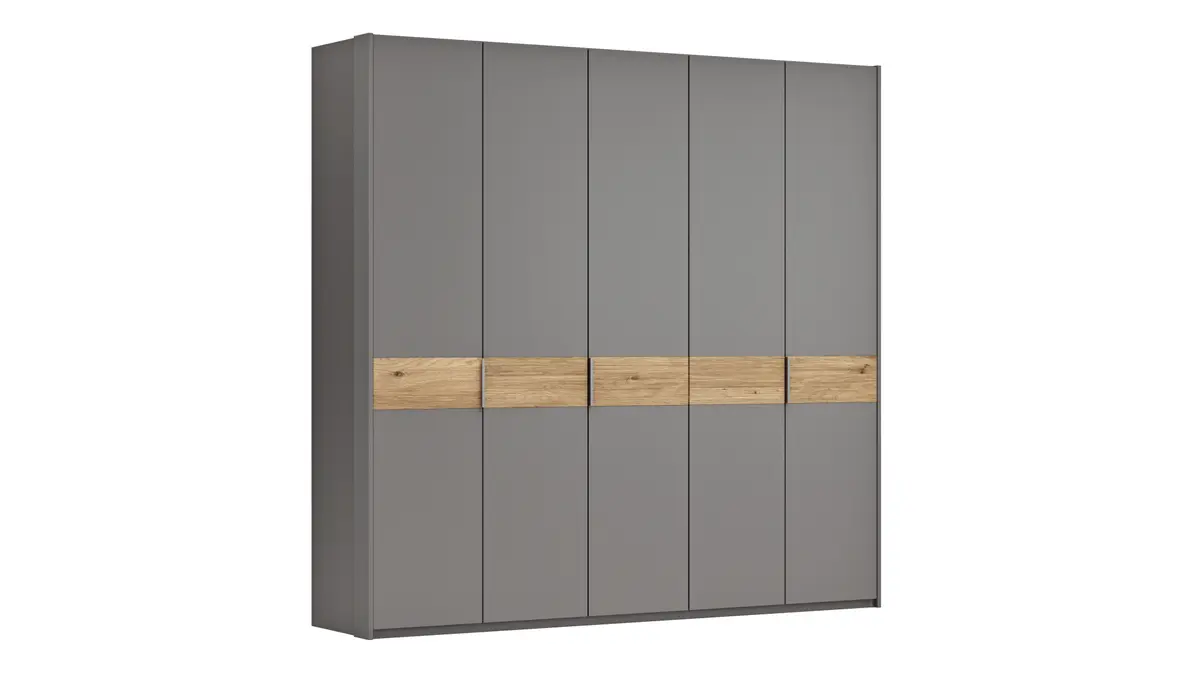 Drehtürenschrank Viana - B ca. 254 cm, Lack, Steingrau, Riffholz, Wildeiche