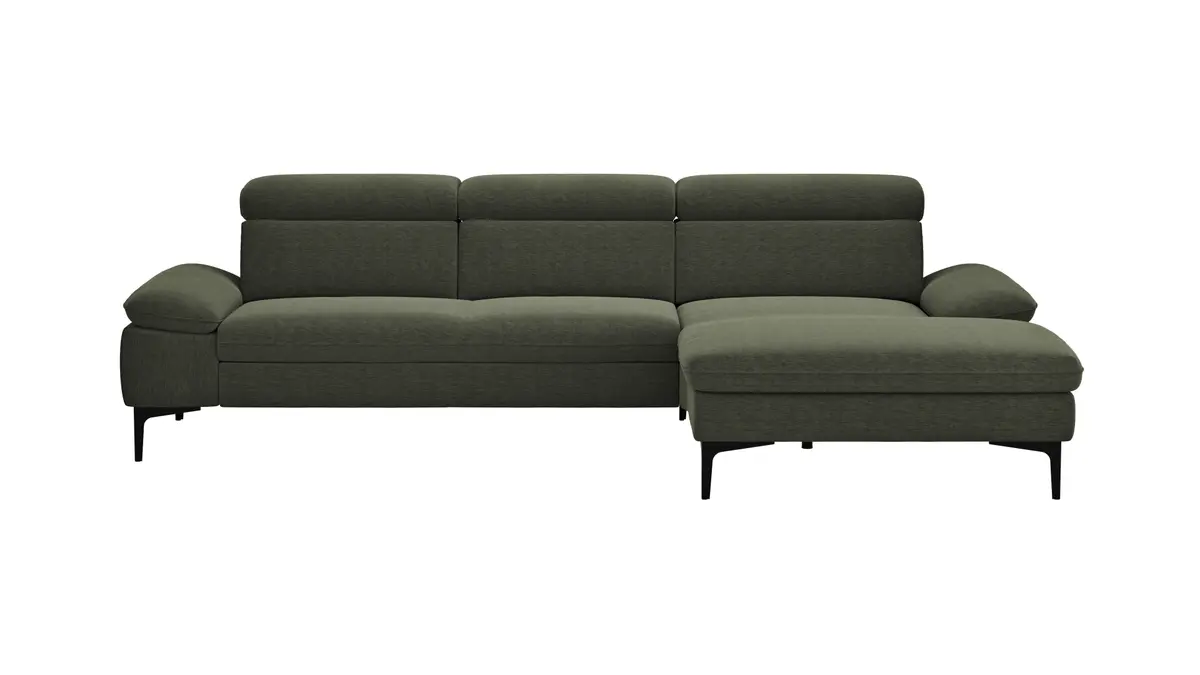 Ecksofa Felipa - 2,5-Sitzer mit Longchair rechts inkl. Kopfteil verstellbar, Stoff, Dunkelgrün
