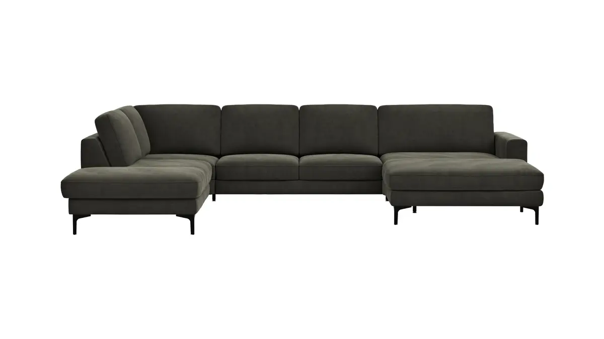 Wohnlandschaft Oviedo - Ecke links mit 2-Sitzer und Longchair rechts, Stoff, Braungrün