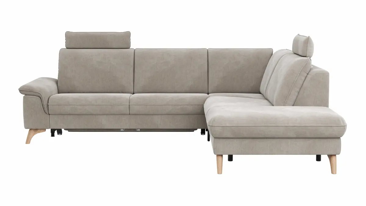 Ecksofa Tulsa KS - 2,5-Sitzer, Spitzecke und 1,5-Sitzer mit Anstellhocker aufklappbar rechts, inkl. Kopfstütze, AL verstellbar und Schlaffunktion, Stoff, Graubeige