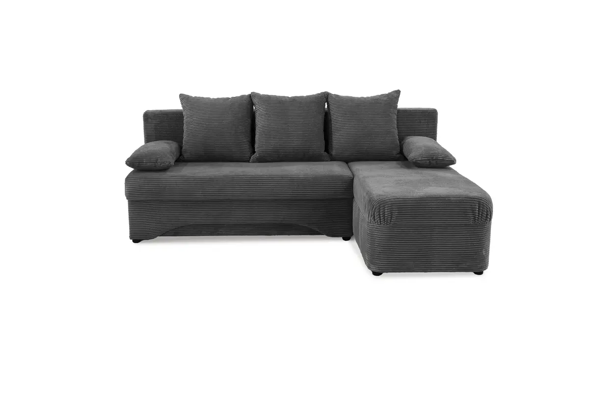 Ecksofa - 2-Sitzer mit Longchair rechts, Schaffunktion mit Bettkasten, Cord, Grau
