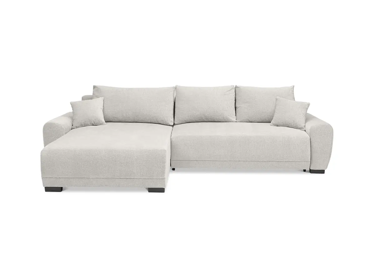 Ecksofa - Longchair links mit 2-Sitzer, Schlaffunktion mit Bettkasten, Stoff, Creme