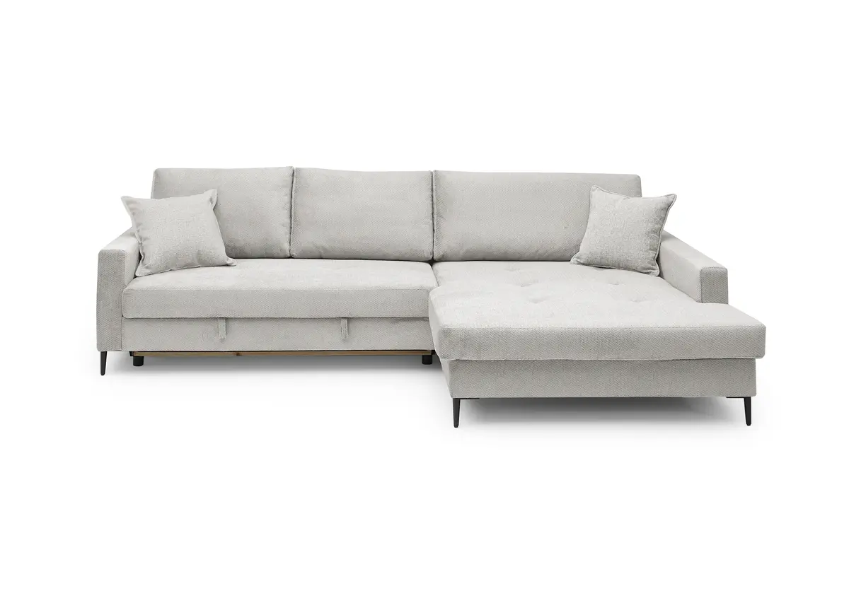 Ecksofa - 3-Sitzer mit Longchair rechts, Schlaffunktion mit Bettkasten, Stoff, Creme