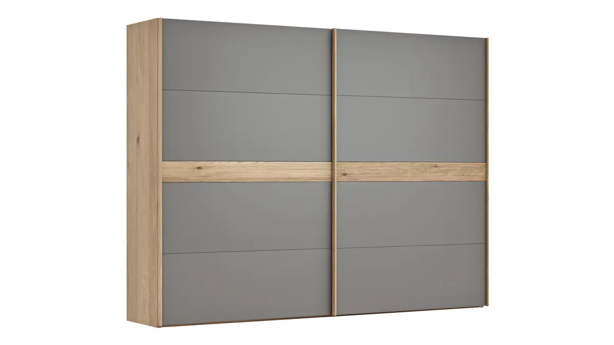 Schwebetürenschrank Viana - B ca. 301 cm, Lack, Steingrau, Riffholz, Balkeneiche