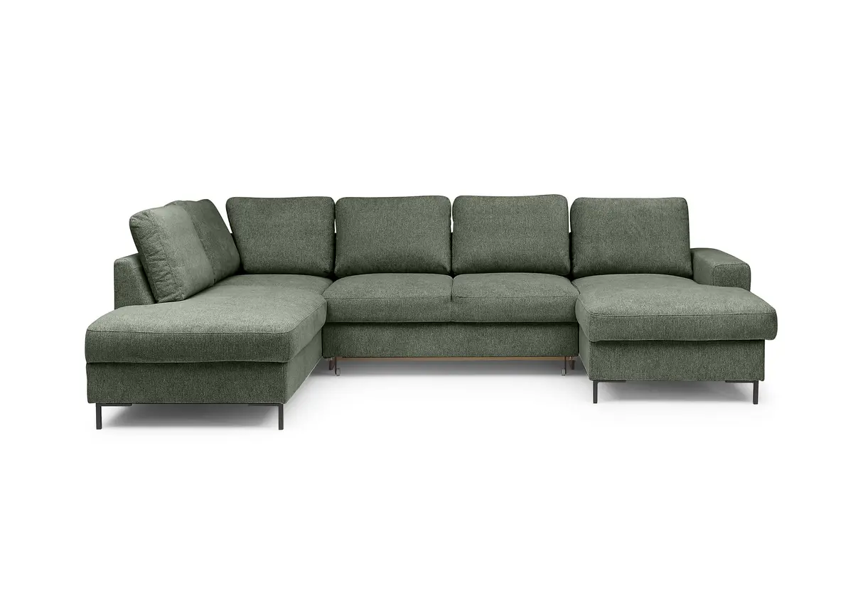 Wohnlandschaft - Ecke links mit 2-Sitzer und Longchair rechts, Stoff, Dunkelgrün