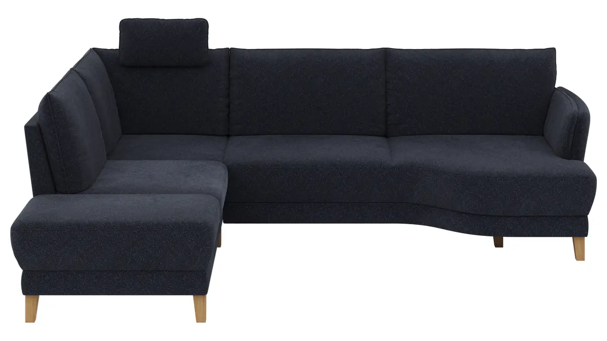 Sofa Stamford - inkl. Armlehne verstellbar und Kopfstütze, Ecksofa 2-sitzig und Abschlusshocker links mit 3,5-Sitzer, Bogen rechts, Stoff, Dunkelblau