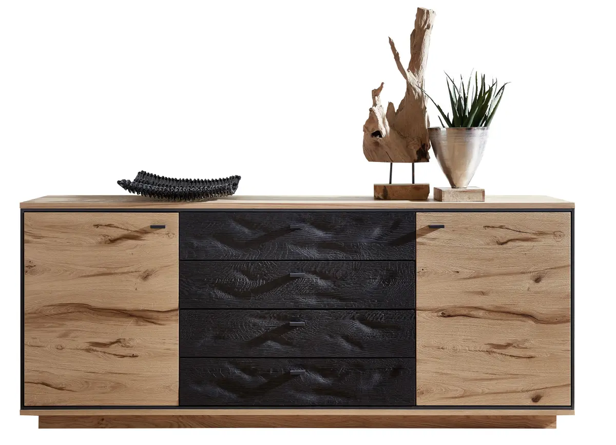 Sideboard - Alteiche Furnier, Akzent Spalteiche Carbongrau