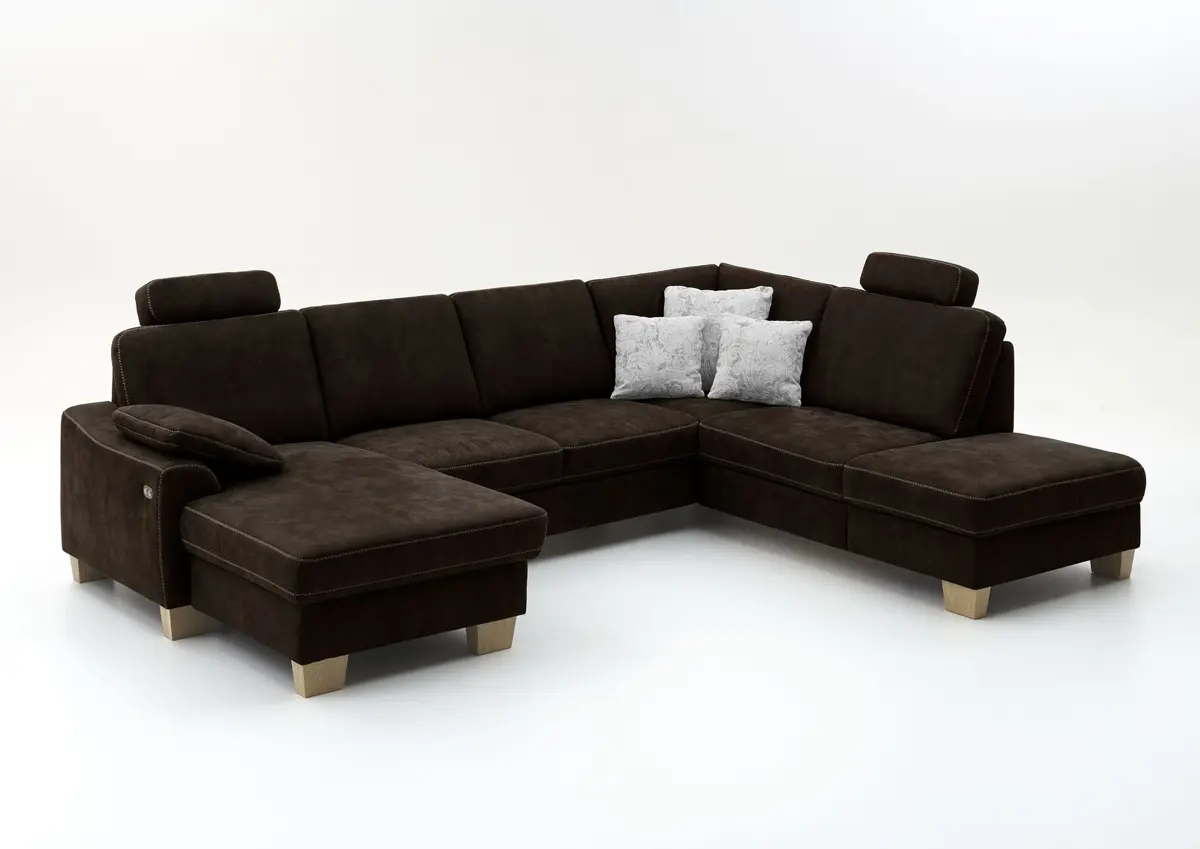 Wohnlandschaft - Longchair links mit 2,5-Sitzer und Ecke rechts, Stoff, Mocca
