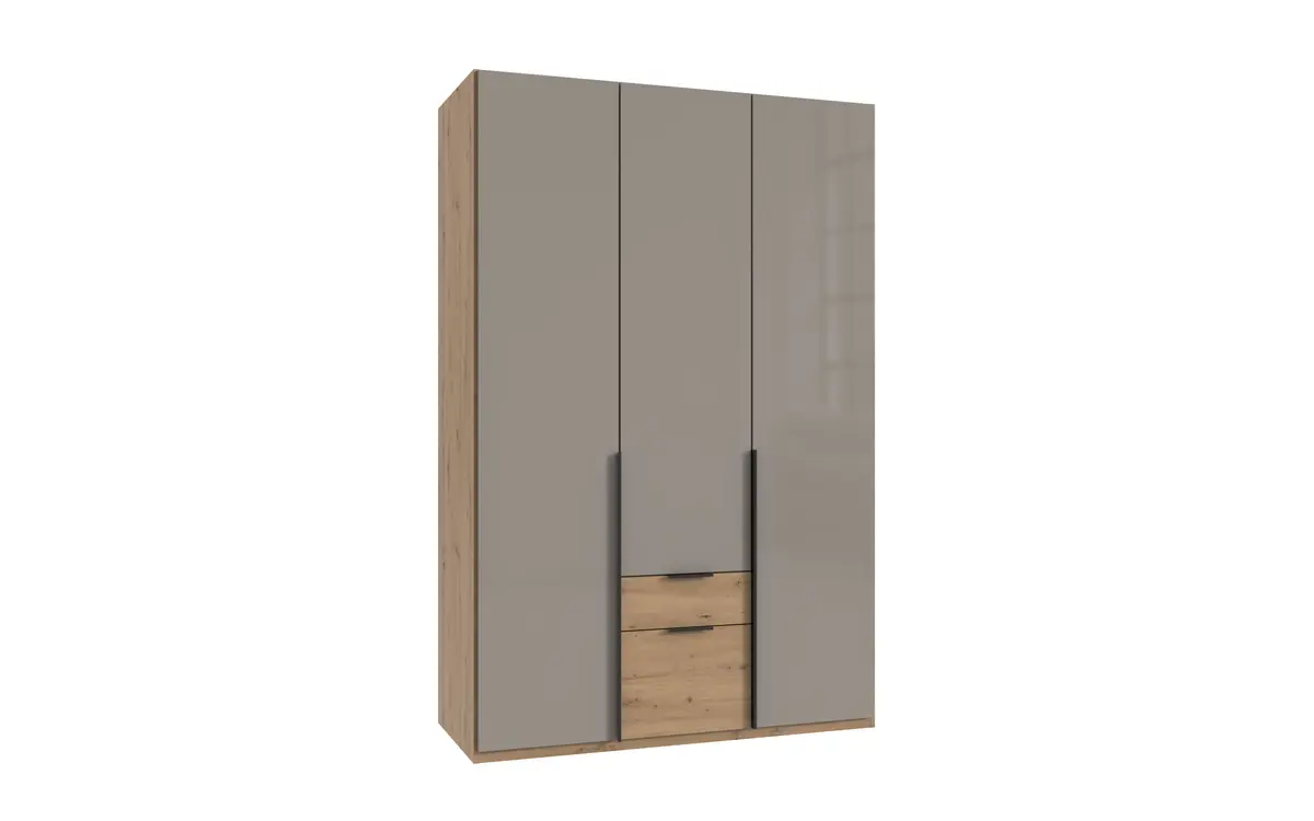 Drehtürenschrank WANJA- B ca. 135 cm, Eiche Dekor, Glas, Saharagrau