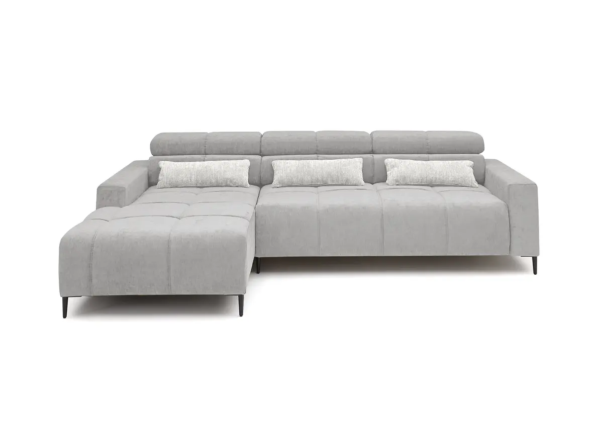 Ecksofa - Longchair links mit 2-Sizer, Sitztiefe verstellbar motorisch/Kopfteil verstellbar, Stoff, Silbergrau