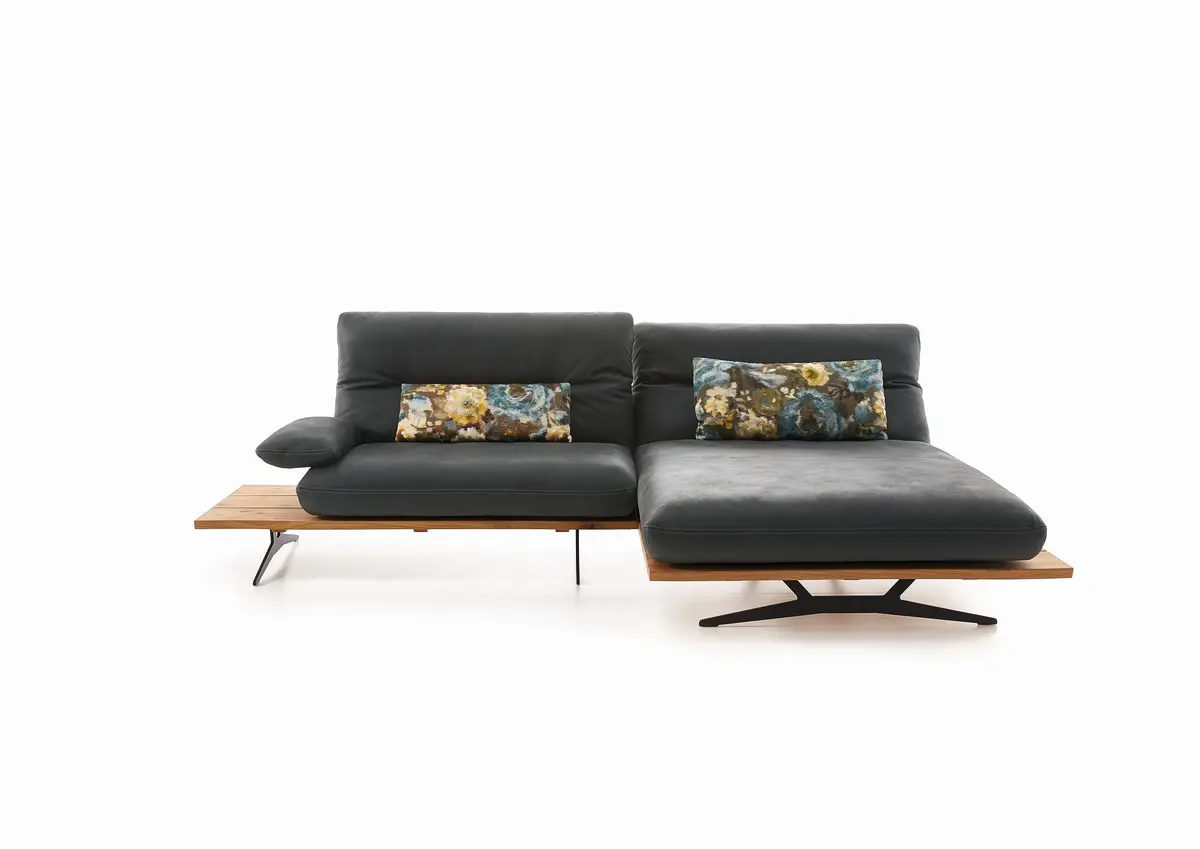 Ecksofa - 1-Sitzer mit Longchair rechts, Rücken/Armlehne/Sitztiefe verstellbar, Leder, Schwarz
