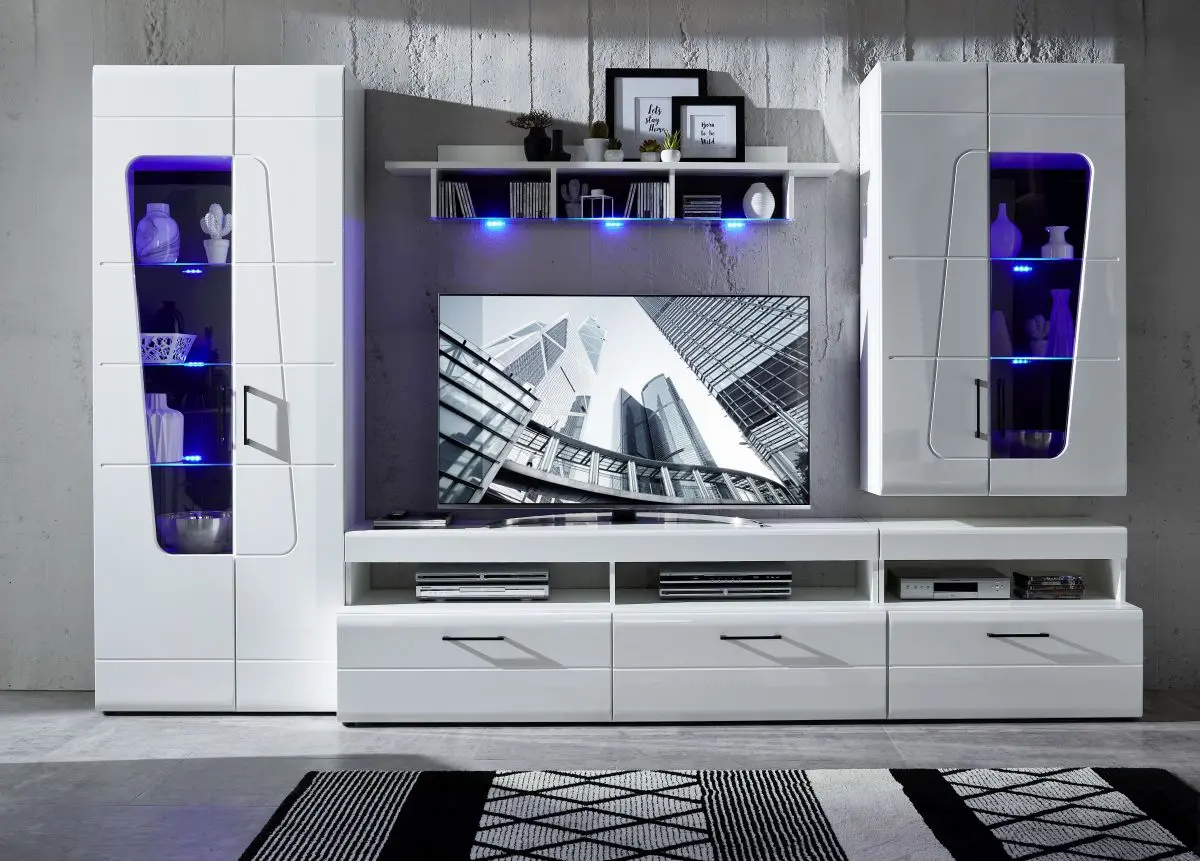 Wohnwand - mit Beleuchtung, Weiß