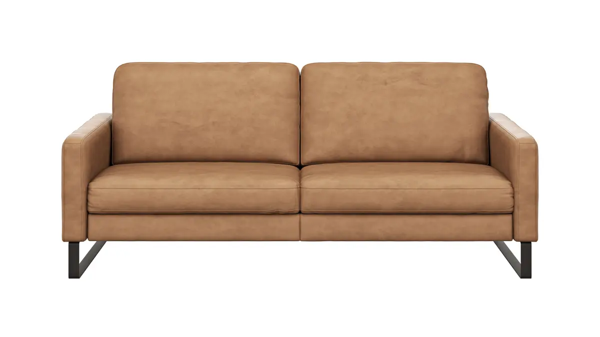 Sofa Enna - 3,5-Sitzer, Armlehne A, Leder, Cognac, Kufe, Schwarz