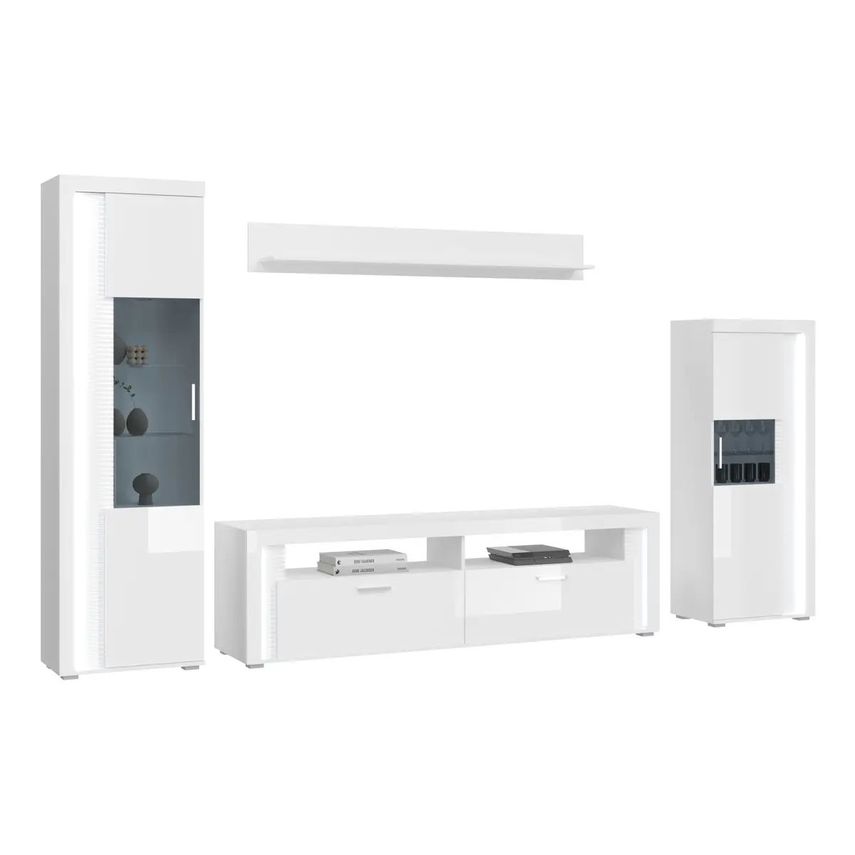 Wohnwand - mit Beleuchtung, Weiß, Weiß Hochglanz