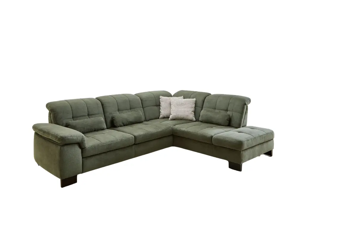 Ecksofa - 3-Sitzer mit Ecke rechts, Kopfteil verstellbar, Stoff, Moos