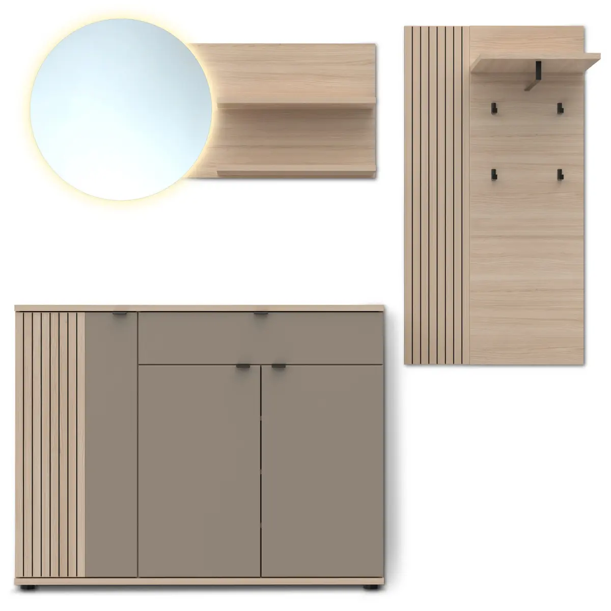 Garderobe - mit Beleuchtung, Riva Eiche Nachbildung, Basalt