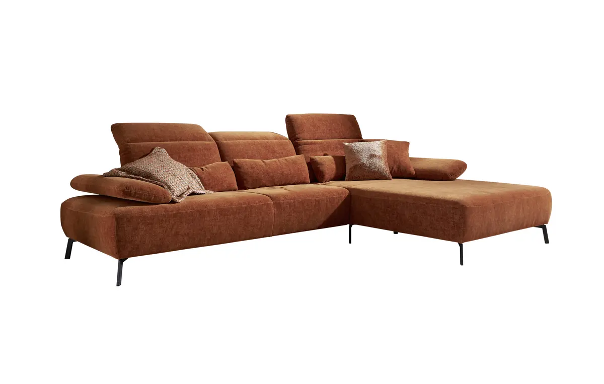 Ecksofa EM Setupal - 2,5-Sitzer mit Longchair rechts, Kopfteil/Armlehne/Rücken verstellbar, Stoff, Rost