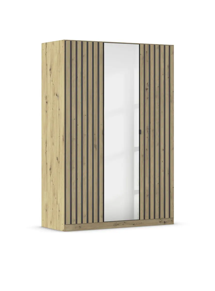 Drehtürenschrank RUERTO- B ca. 136 cm, Eiche Dekor, Dunkelgrau, Paneel, Eiche Dekor, Spiegel