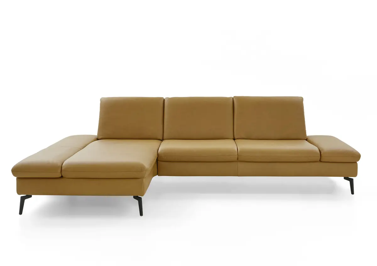 Ecksofa - Longchair links und 3-Sitzer, Armlehne verstellbar, Leder, Kurkuma