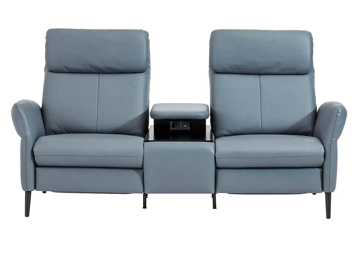 Sofa Fresno - 2-Sitzer inkl. Relaxfunktion motorisch mit Zwischenelement schwarz, inkl. Tisch/USB/Steckdose, Leder Hellblau