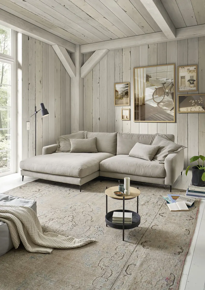 Ecksofa - Longchair links mit 1,5-Sitzer, Stoff, Sand