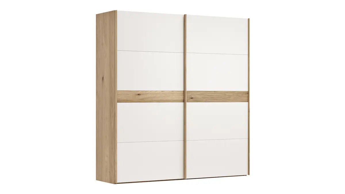 Schwebetürenschrank Viana - B ca. 212 cm, Lack, Weiß, Riffholz, Balkeneiche