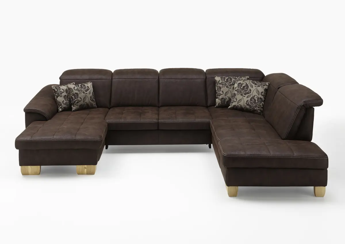 Wohnlandschaft - Longchair links mit 2,5-Sitzer und Ecke rechts, Kopfteil verstellbar, Stoff, Mocca