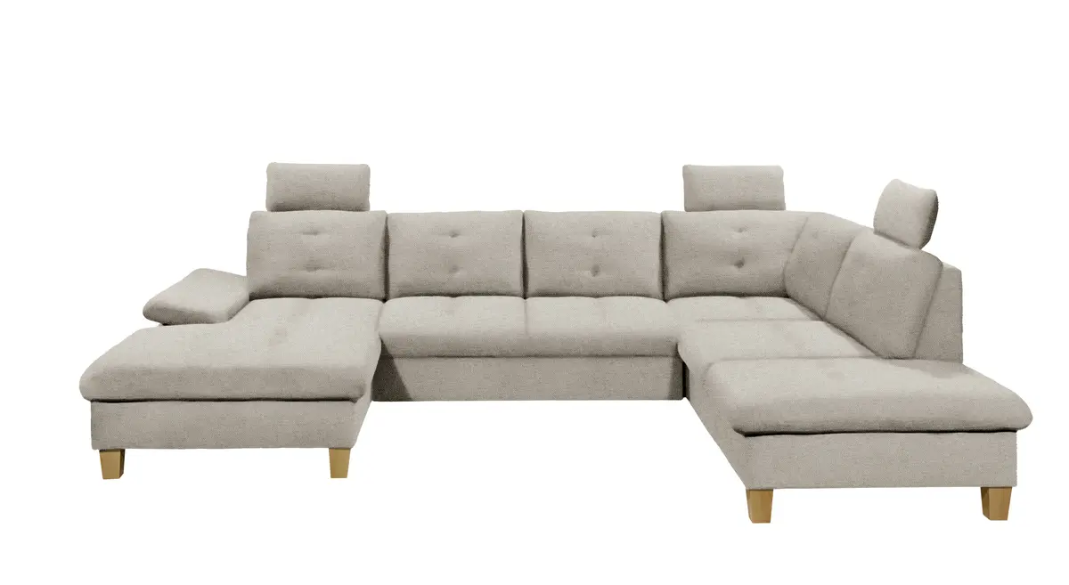 Wohnlandschaft - Ecke links, 2-Sitzer, Longchair rechts inkl. Schlaffunktion mit Bettkasten, Stoff, Hellgrau