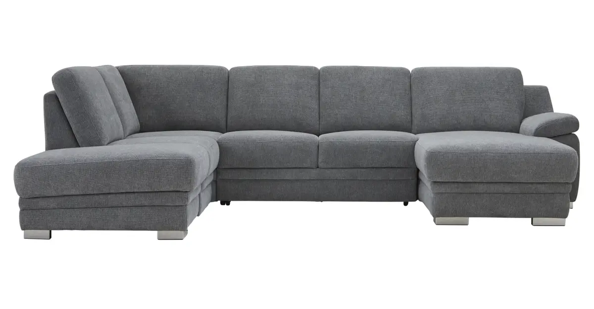 Wohnlandschaft Tavira - Ecke und Abschlussteil links mit 2-Sitzer und Longchair rechts, Stoff, Grau