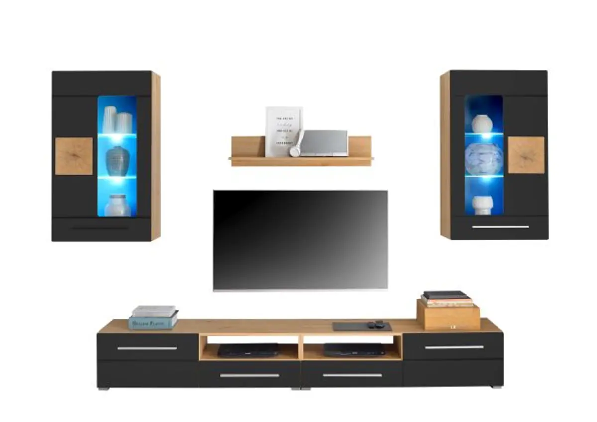 Wohnwand - mit Beleuchtung, Eiche Dekor, Schwarz