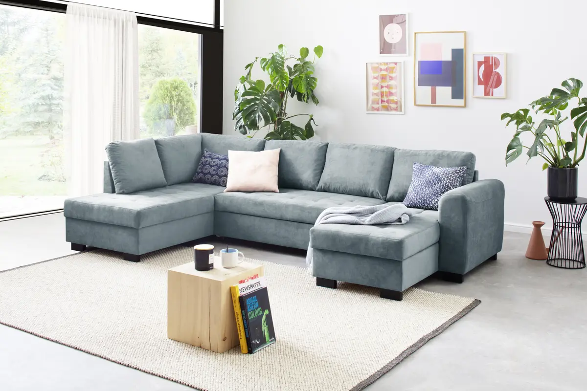 Wohnlandschaft - Ecke links, 2-Sitzer, Longchair rechts, Stoff, Blau