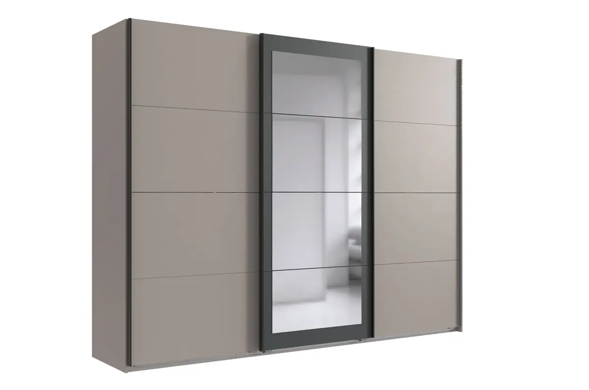 Schwebetürenschrank- B ca. 270 cm, Hellgrau, Sand, Grafit