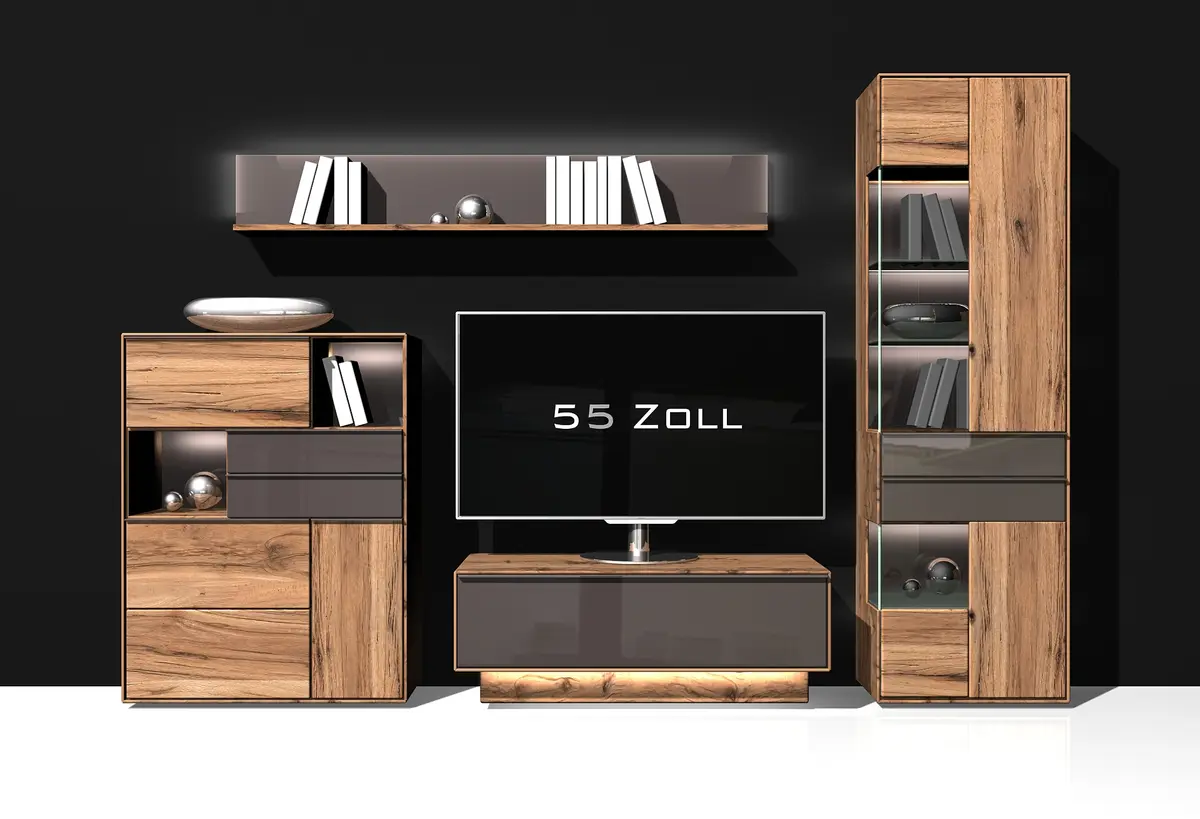 Wohnwand - mit Beleuchtung, Asteiche massiv, Akzent Glas, Anthrazit