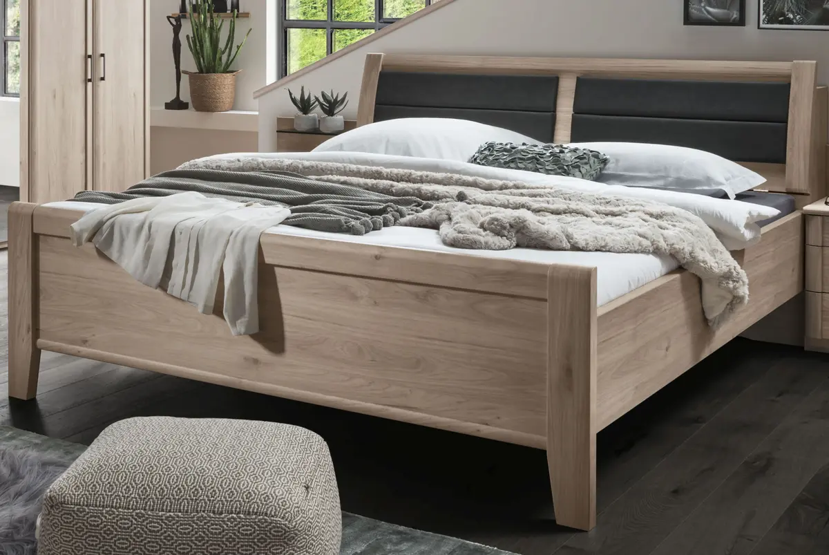 Bett mit Polsterkopfteil anthrazit  EM 1080 - Liegefläche ca. 180x200 cm, Steineiche Nachbildung