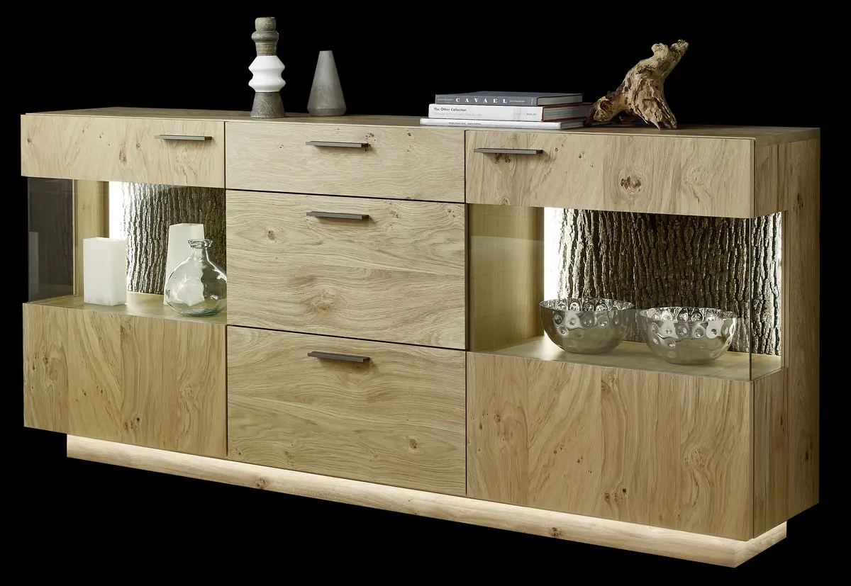 Sideboard - mit Beleuchtung, Kernwildasteiche Furnier, Nischenrückwand echte Baumrinde