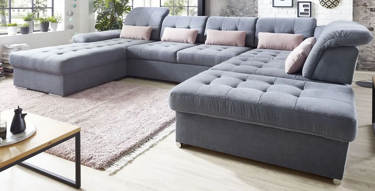 Wohnlandschaft - Longchair links, 3-Sitzer, Ecke rechts inkl. Kopfteilverstellung, Armteilverstellung in Flachgewebe blaugrau