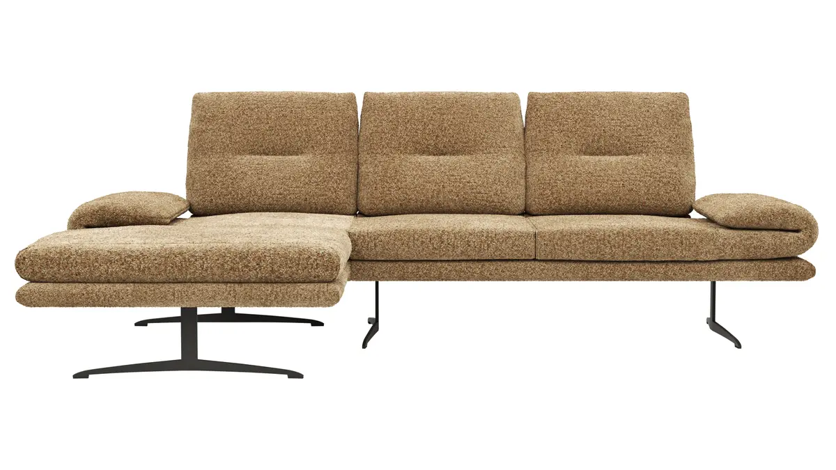 Ecksofa Lucero 2.0 - Longchair mit 2-Sitzer rechts inkl. Sitztiefenverstellung, Drehsitz und Sitztiefe verstellbar, Stoff, Cognac