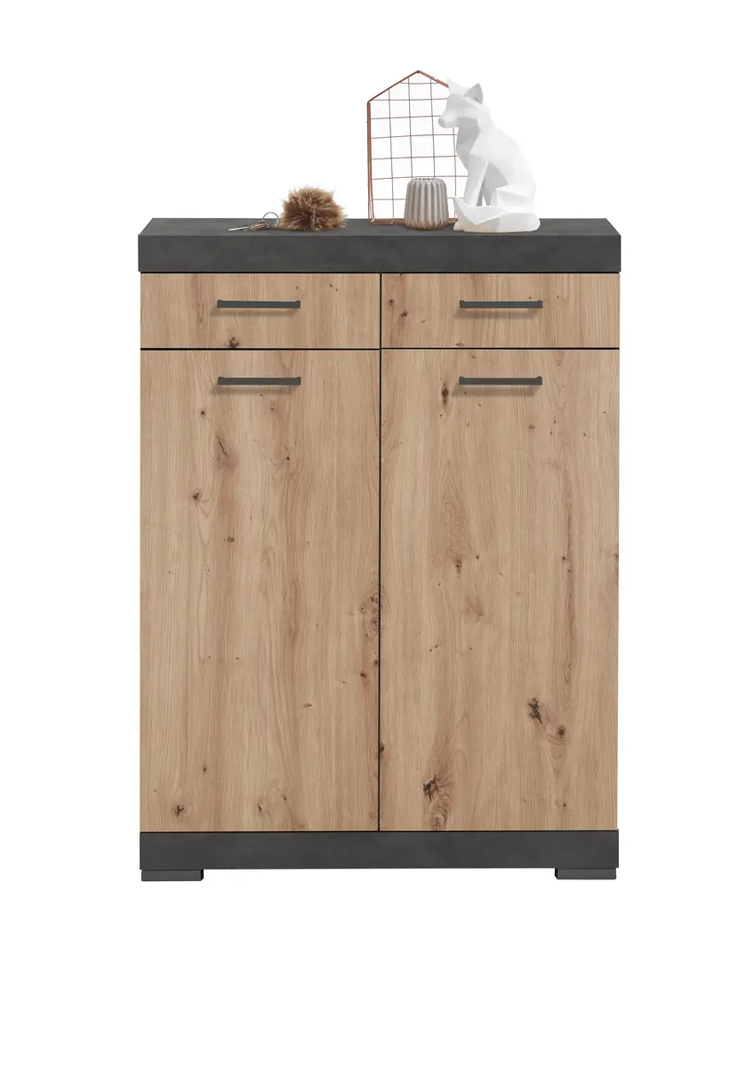 Kommode- Grau, Eiche Dekor